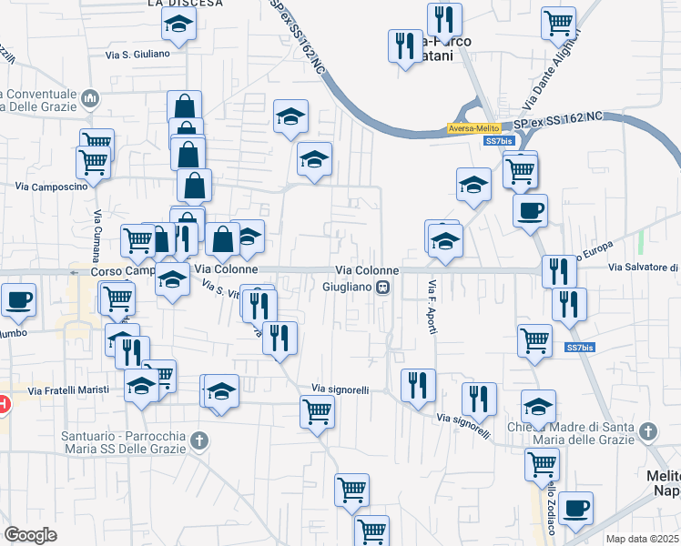 map of restaurants, bars, coffee shops, grocery stores, and more near 49 Via Colonne in Giugliano in Campania