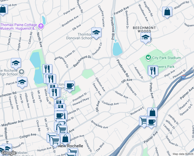 map of restaurants, bars, coffee shops, grocery stores, and more near 27 Claire Avenue in New Rochelle
