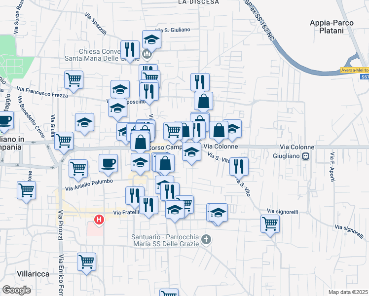 map of restaurants, bars, coffee shops, grocery stores, and more near Via Sant'Anna in Giugliano In Campania