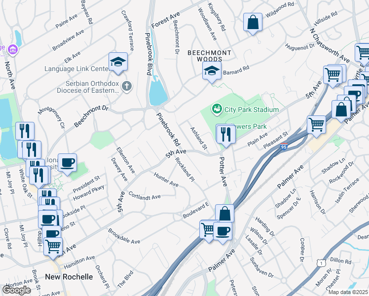 map of restaurants, bars, coffee shops, grocery stores, and more near 24 Crestview Street in New Rochelle