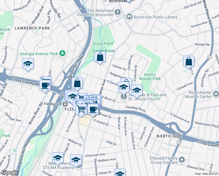 map of restaurants, bars, coffee shops, grocery stores, and more near 24 East Devonia Avenue in Mount Vernon