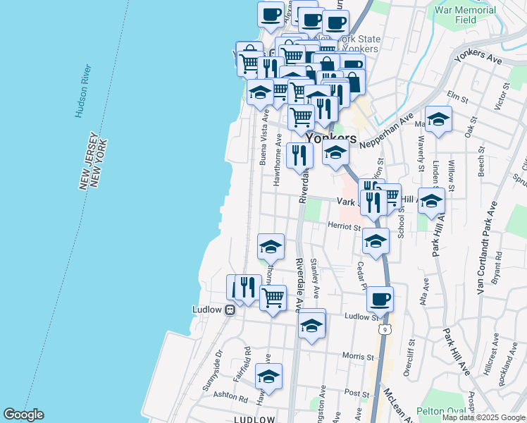map of restaurants, bars, coffee shops, grocery stores, and more near 181 Buena Vista Avenue in Yonkers