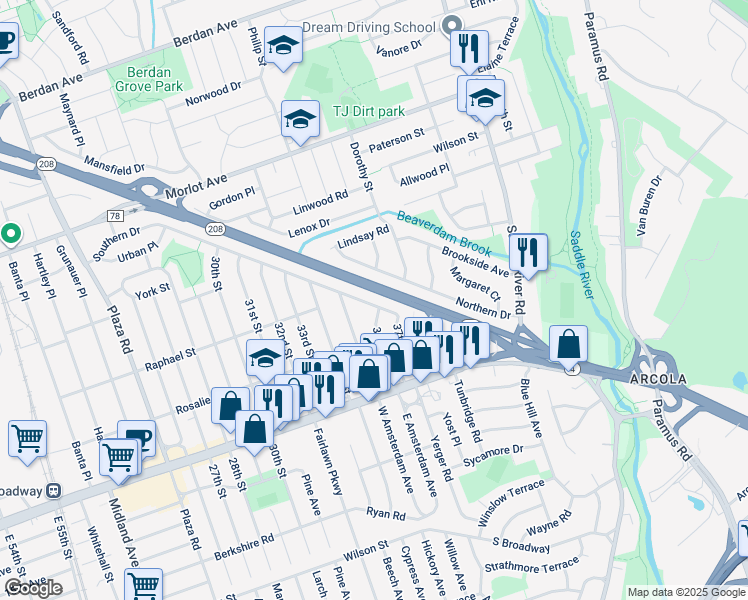 map of restaurants, bars, coffee shops, grocery stores, and more near 36-22 Northern Drive in Fair Lawn