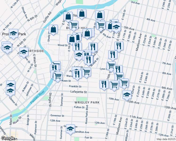 map of restaurants, bars, coffee shops, grocery stores, and more near 137 Lyon Street in Paterson