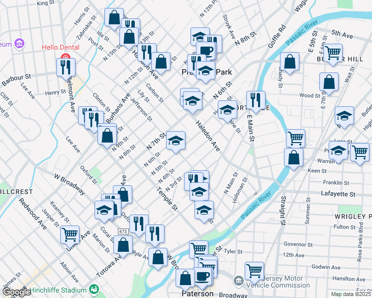 map of restaurants, bars, coffee shops, grocery stores, and more near 152 North 5th Street in Paterson