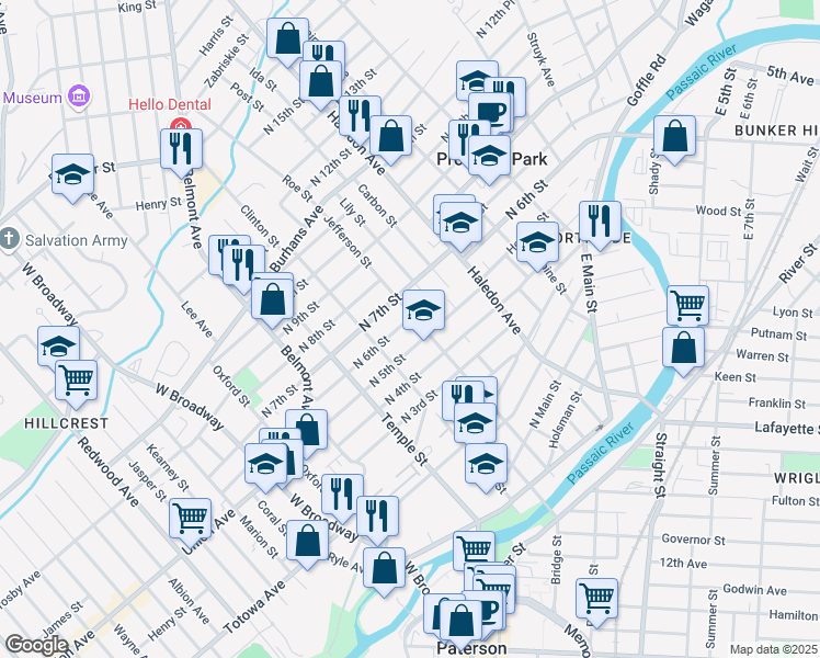map of restaurants, bars, coffee shops, grocery stores, and more near 180 Jefferson Street in Paterson
