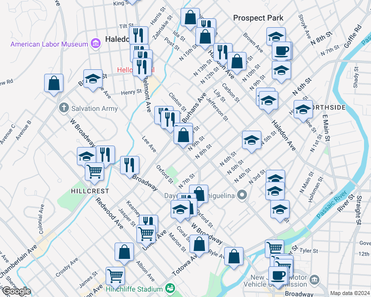 map of restaurants, bars, coffee shops, grocery stores, and more near 55 North 10th Street in Paterson