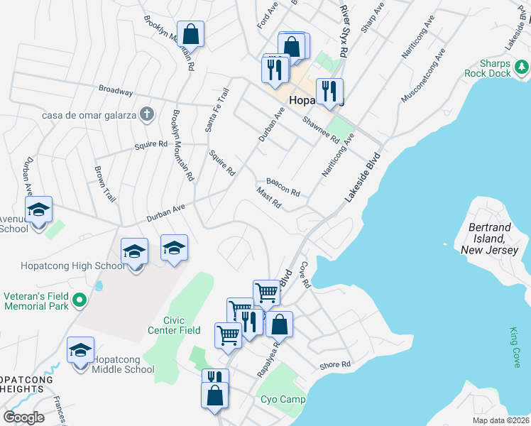 map of restaurants, bars, coffee shops, grocery stores, and more near 25 Holiday Drive in Hopatcong