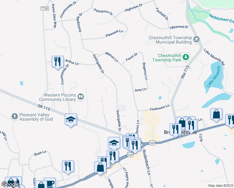 map of restaurants, bars, coffee shops, grocery stores, and more near 7 Switzgable Dr in Brodheadsville