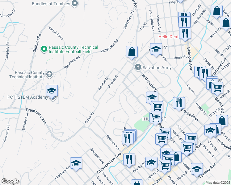 map of restaurants, bars, coffee shops, grocery stores, and more near Katz Avenue in Paterson