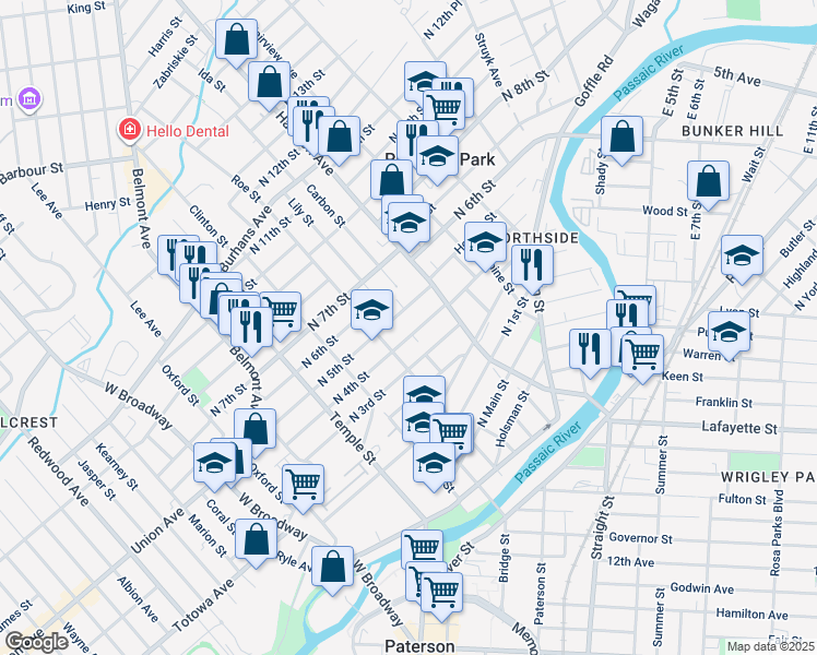 map of restaurants, bars, coffee shops, grocery stores, and more near 143 North 4th Street in Paterson