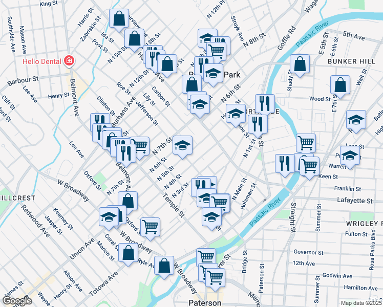 map of restaurants, bars, coffee shops, grocery stores, and more near 134 North 5th Street in Paterson