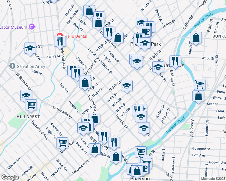 map of restaurants, bars, coffee shops, grocery stores, and more near 142 North 7th Street in Paterson