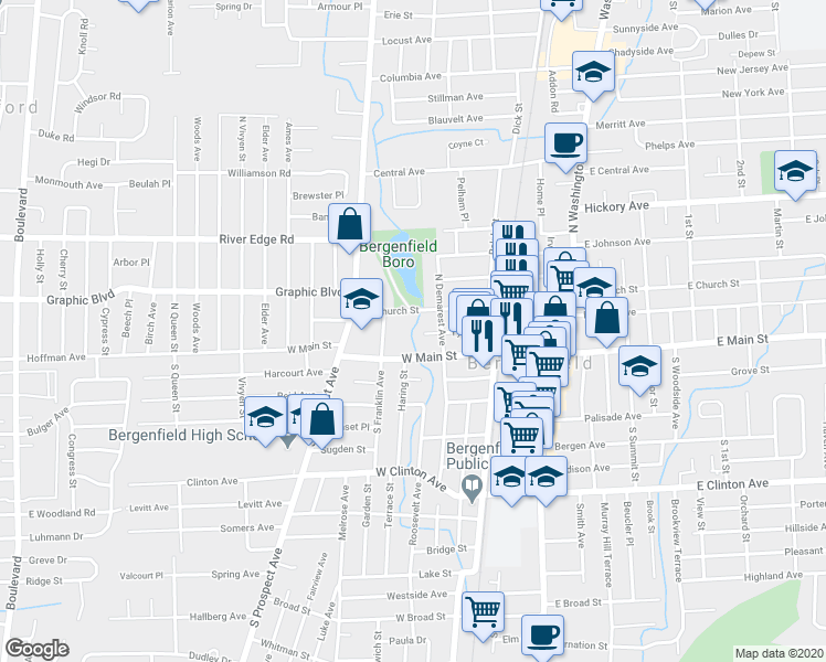 map of restaurants, bars, coffee shops, grocery stores, and more near 138 W Church St in Bergenfield