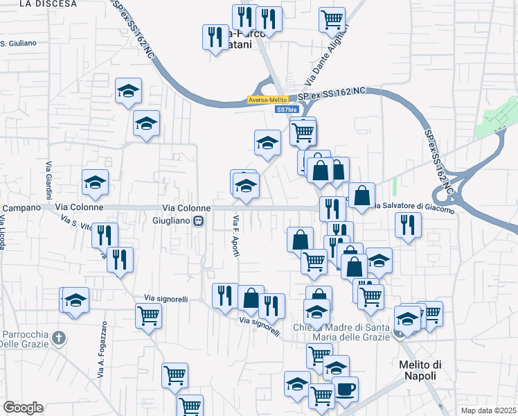 map of restaurants, bars, coffee shops, grocery stores, and more near 14 Via Colonne in Melito di Napoli