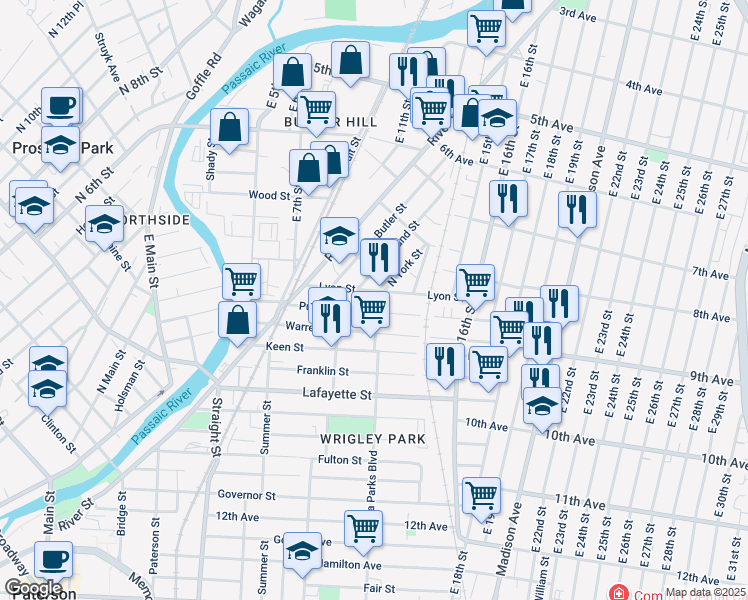 map of restaurants, bars, coffee shops, grocery stores, and more near 10 Rosa Parks Boulevard in Paterson