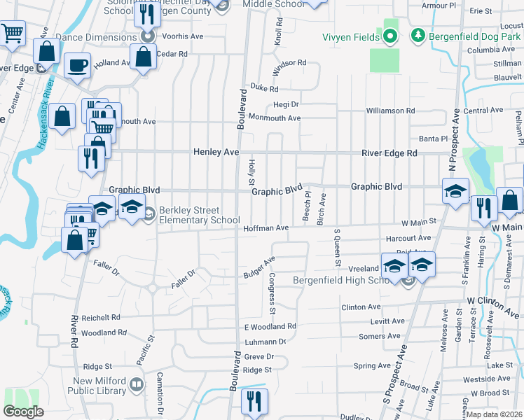 map of restaurants, bars, coffee shops, grocery stores, and more near 775 Holly Street in New Milford