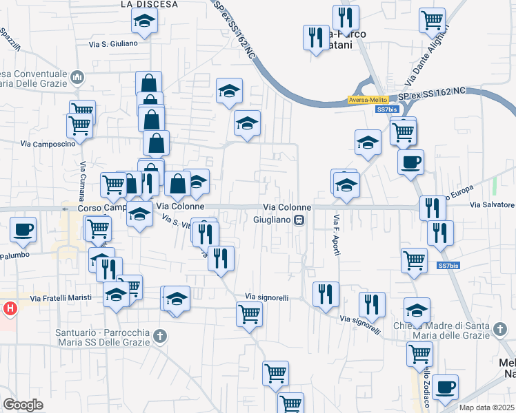 map of restaurants, bars, coffee shops, grocery stores, and more near Via Colonne in Giugliano in Campania