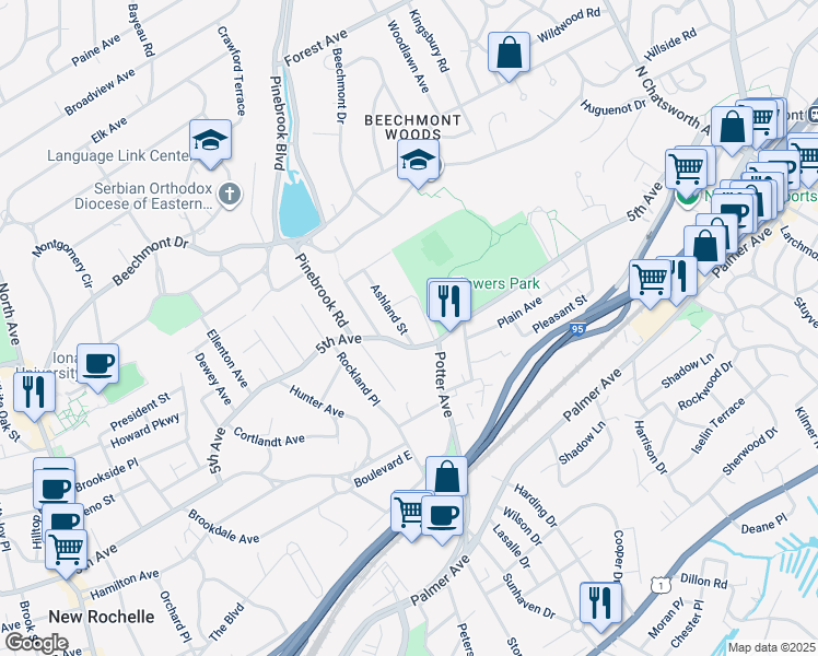 map of restaurants, bars, coffee shops, grocery stores, and more near 31 Ashland Street in New Rochelle