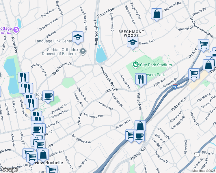 map of restaurants, bars, coffee shops, grocery stores, and more near 30 Pinebrook Road in New Rochelle
