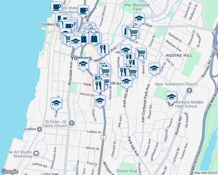 map of restaurants, bars, coffee shops, grocery stores, and more near 30-32 Park Hill Avenue in Yonkers