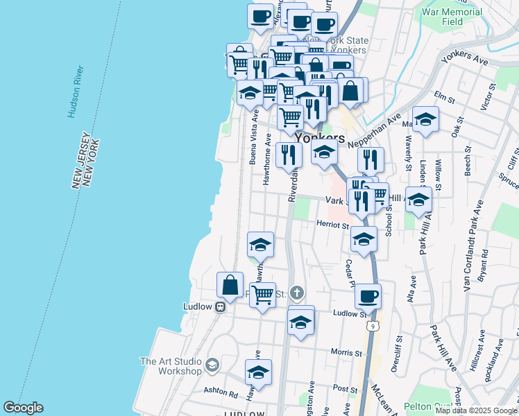 map of restaurants, bars, coffee shops, grocery stores, and more near 110 Hawthorne Avenue in Yonkers
