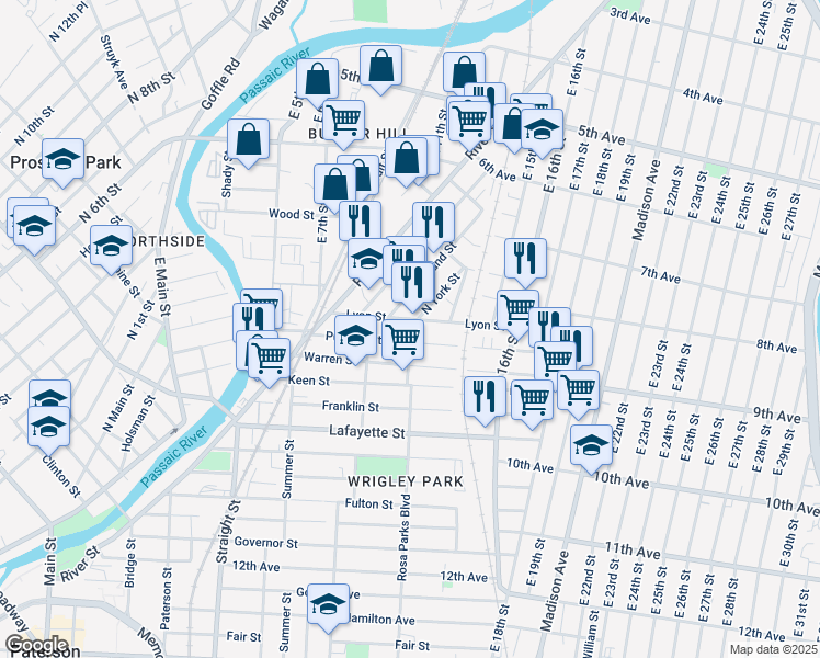 map of restaurants, bars, coffee shops, grocery stores, and more near 137 Lyon Street in Paterson