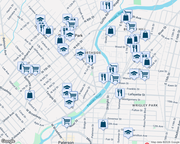 map of restaurants, bars, coffee shops, grocery stores, and more near 144 North 1st Street in Paterson
