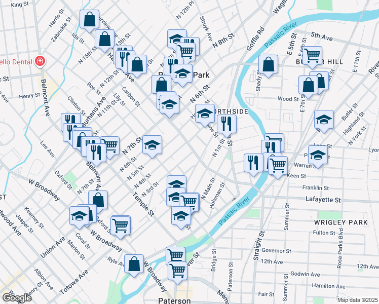 map of restaurants, bars, coffee shops, grocery stores, and more near in Paterson