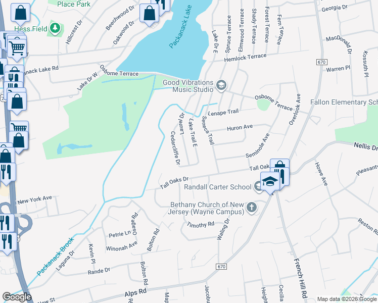 map of restaurants, bars, coffee shops, grocery stores, and more near 54 Lake Trail East in Wayne