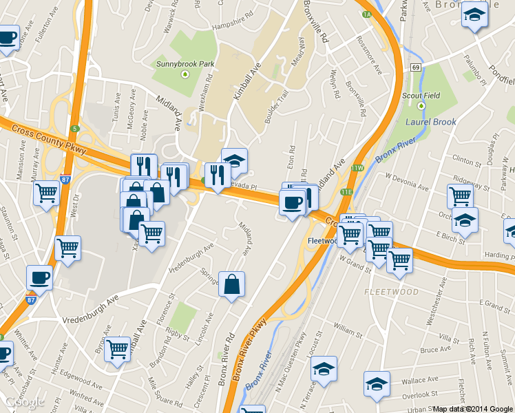 map of restaurants, bars, coffee shops, grocery stores, and more near 1372 Midland Avenue in Bronxville