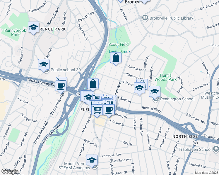 map of restaurants, bars, coffee shops, grocery stores, and more near 329 Collins Avenue in Mount Vernon