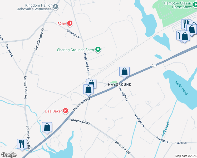 map of restaurants, bars, coffee shops, grocery stores, and more near 72 Windmill Lane in Water Mill