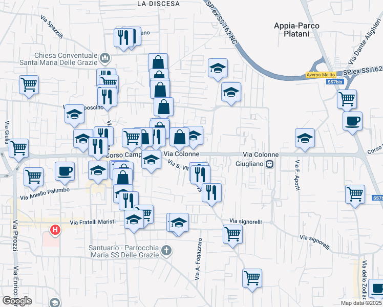 map of restaurants, bars, coffee shops, grocery stores, and more near 140 Via Colonne in Giugliano In Campania
