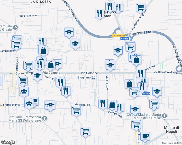 map of restaurants, bars, coffee shops, grocery stores, and more near 3413 Via Colonne in Giugliano In Campania