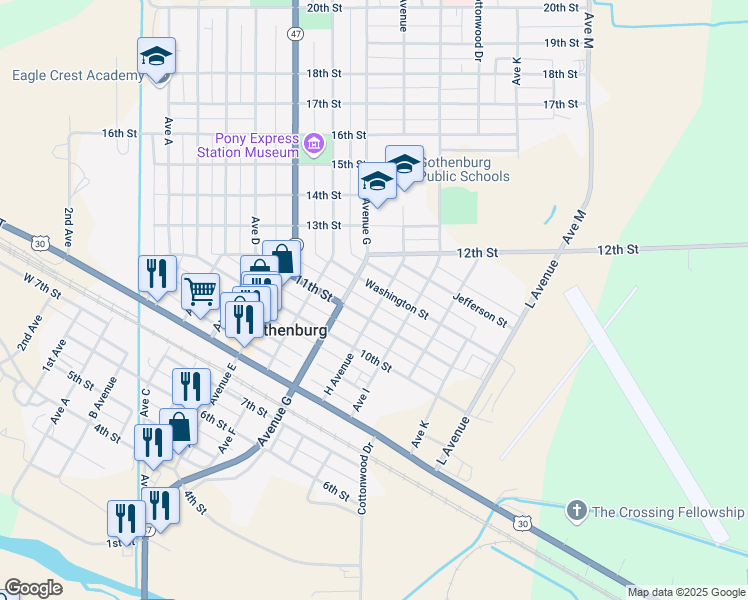 map of restaurants, bars, coffee shops, grocery stores, and more near 700-798 Washington St in Gothenburg