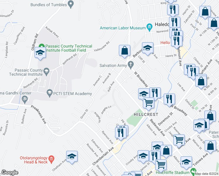 map of restaurants, bars, coffee shops, grocery stores, and more near 82 Katz Avenue in Paterson