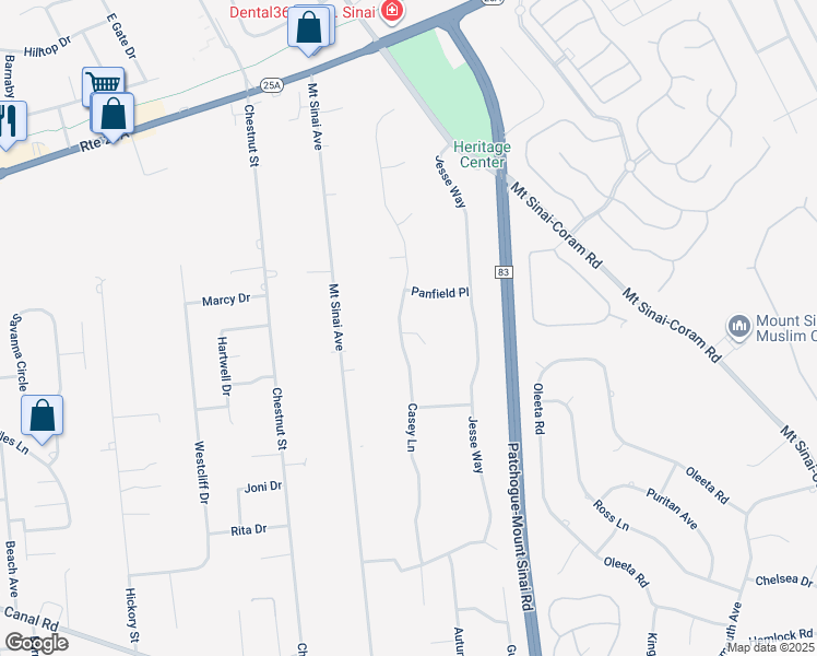 map of restaurants, bars, coffee shops, grocery stores, and more near 35 Casey Lane in Mount Sinai