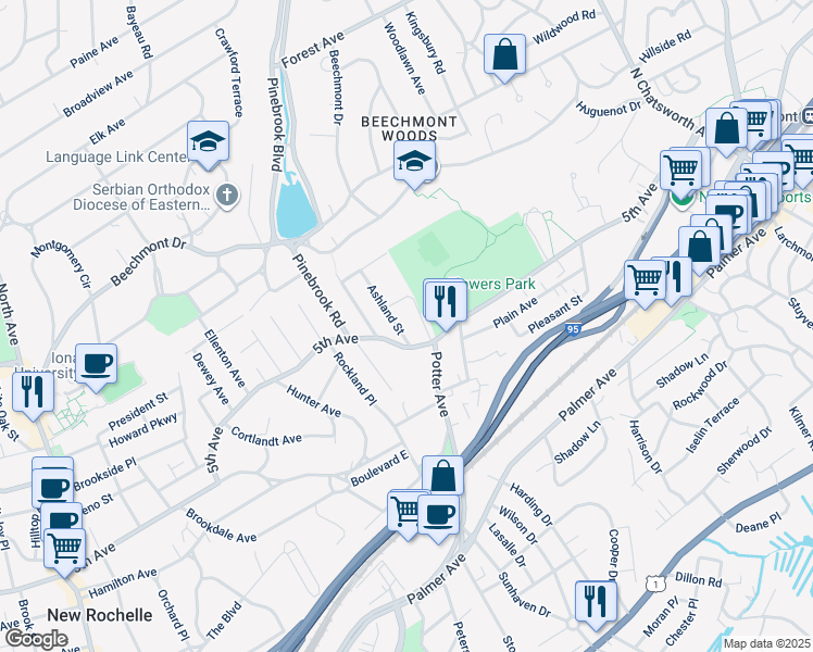 map of restaurants, bars, coffee shops, grocery stores, and more near 31 Ashland Street in New Rochelle