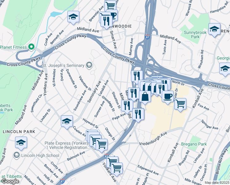map of restaurants, bars, coffee shops, grocery stores, and more near 102 Staunton Street in Yonkers