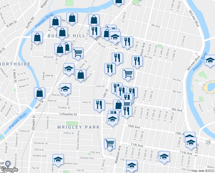 map of restaurants, bars, coffee shops, grocery stores, and more near East 16th Street & Lyon Street in Paterson