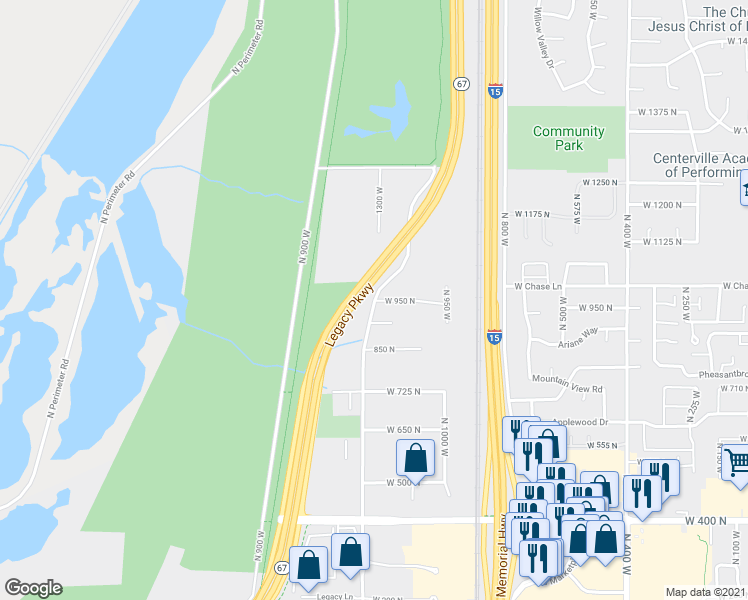 map of restaurants, bars, coffee shops, grocery stores, and more near 940 North 1250 West in Centerville