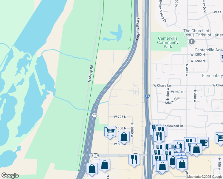 map of restaurants, bars, coffee shops, grocery stores, and more near 940 North 1250 West in Centerville