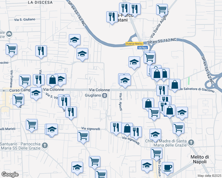 map of restaurants, bars, coffee shops, grocery stores, and more near 10B Via Colonne in Giugliano in Campania