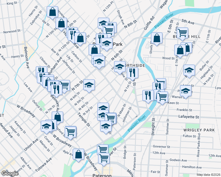 map of restaurants, bars, coffee shops, grocery stores, and more near 63 Haledon Avenue in Paterson