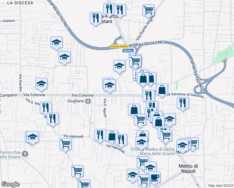map of restaurants, bars, coffee shops, grocery stores, and more near 14 Via Colonne in Melito di Napoli