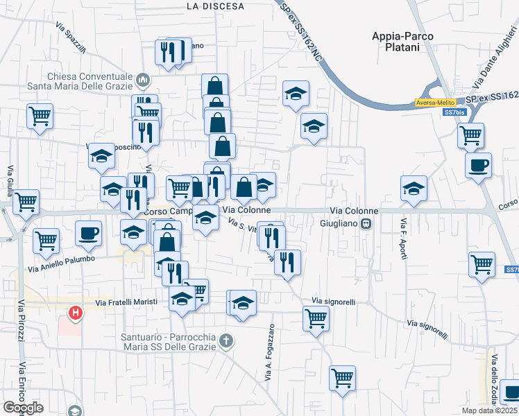 map of restaurants, bars, coffee shops, grocery stores, and more near 140 Via Colonne in Giugliano in Campania