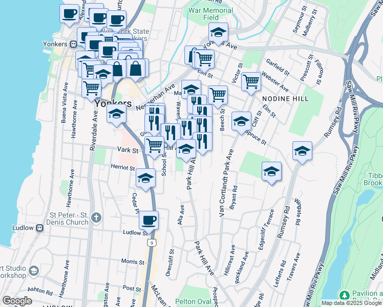 map of restaurants, bars, coffee shops, grocery stores, and more near 51 Park Hill Avenue in Yonkers