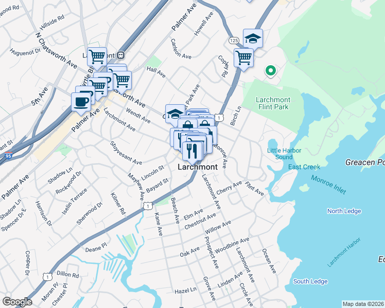 map of restaurants, bars, coffee shops, grocery stores, and more near 2086 Boston Post Road in Larchmont