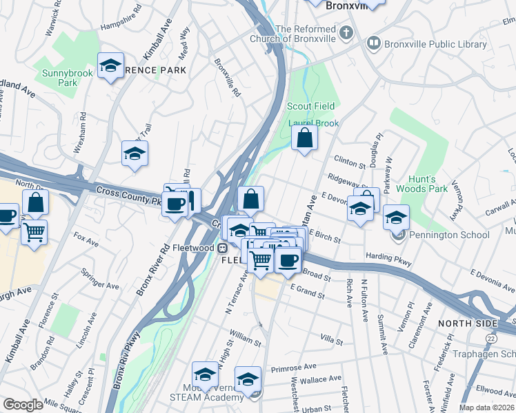 map of restaurants, bars, coffee shops, grocery stores, and more near 324 Packman Avenue in Mount Vernon